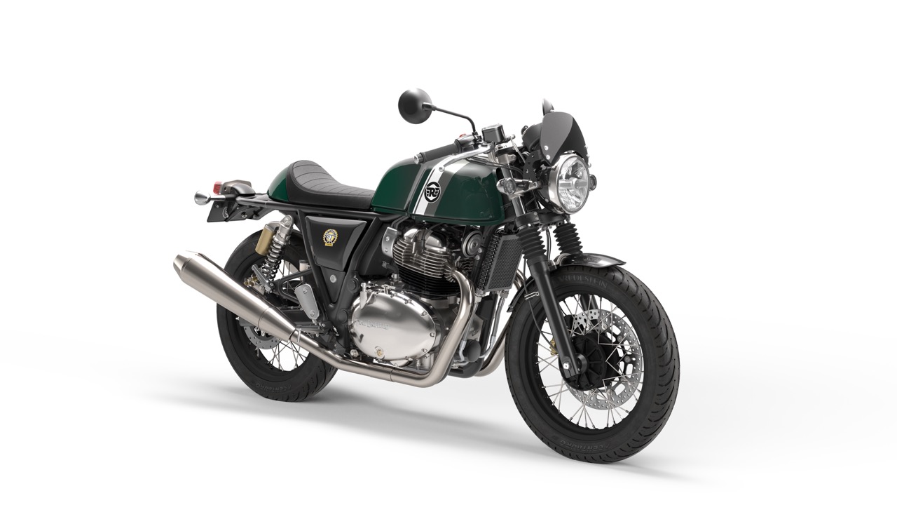 2026 Royal Enfield Continental GT 650 in British Racing Green with spoke wheels, polished engine, LED indicators, and black instrument cowl